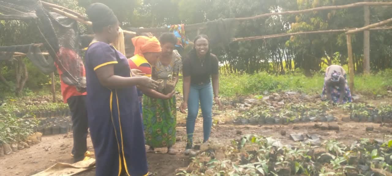 Women standing among seedlings in a fenced garden plot